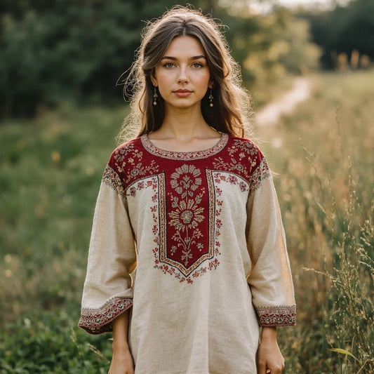 Casual Ethnic Style Embroidered Linen Round Neck Long Sleeve Shirt artswardrobe