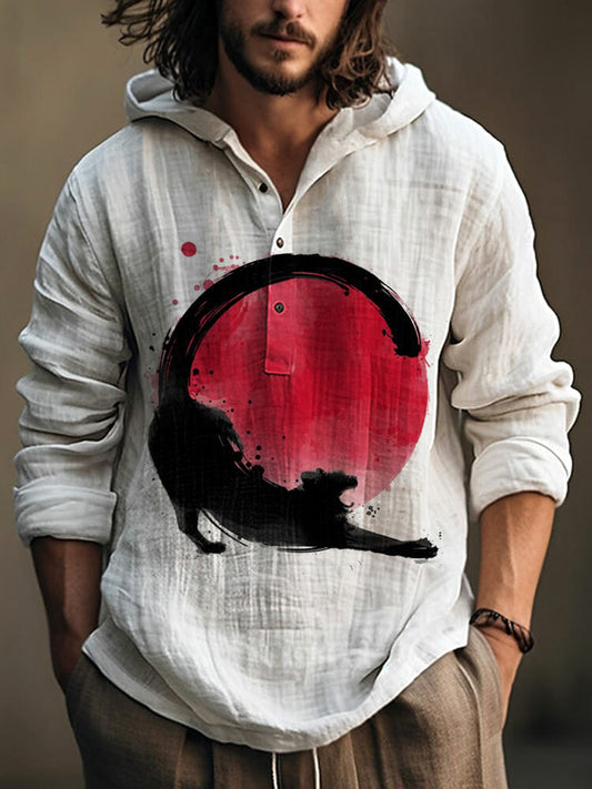 Sunrise And Cats Japanese Art Linen Blend Hoodie elevenforest