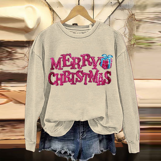 Comstylish Merry Christmas Embroidered Crew Neck Sweatshirt