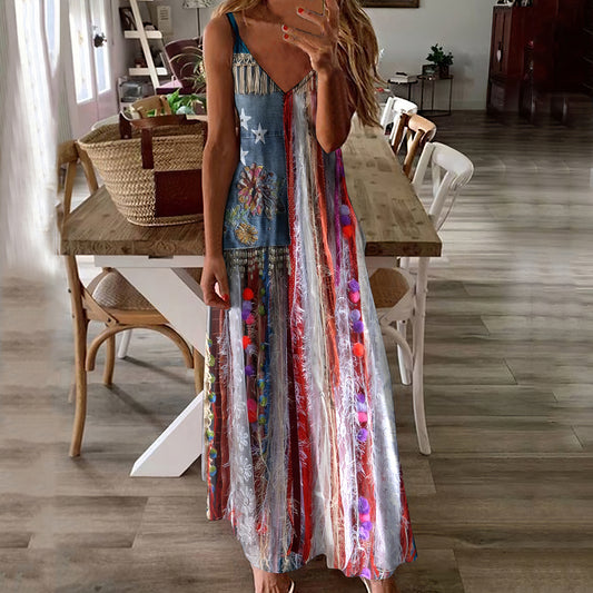 Women's Vintage Independence Day Flag Floral Pattern Suspender Dress artswardrobe