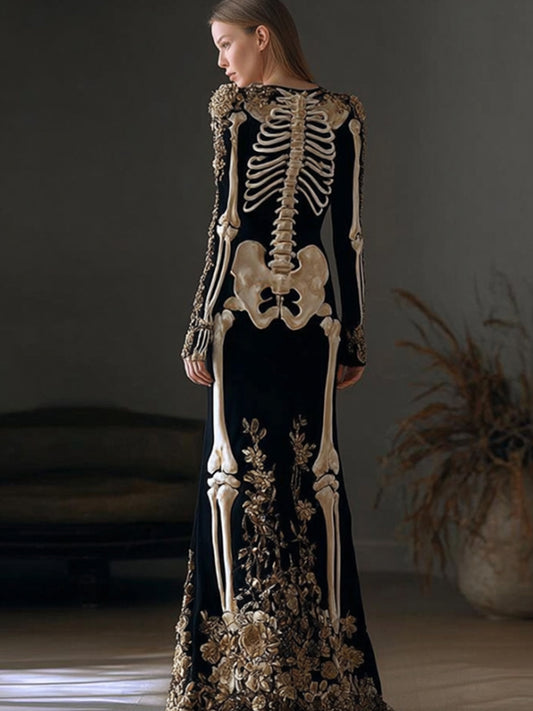Comstylish Halloween Retro Anatomy Art And Flower Velvet Long Dress