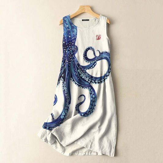 Comstylish Vintage Japanese Octopus Art Print Sleeveless Cotton And Linen Midi Dress