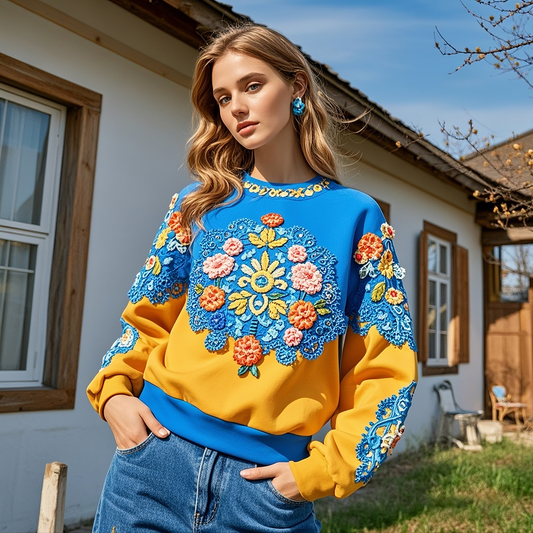 Comstylish Ukraine Floral Embroidered Crew Neck Casual Sweatshirt