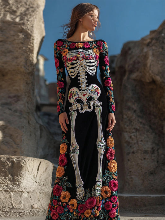 Comstylish Day Of The Dead Sugar Skeleton Floral Embroidered Velvet Maxi Dress
