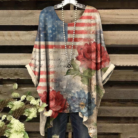 Vintage Independence Day American Flag And Floral Art Irregular Shirt artswardrobe