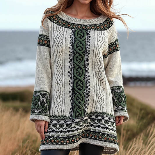 Women's Irish Celtic Knotted Floral Jacquard Crew Neck Sweater Dress elevenforest