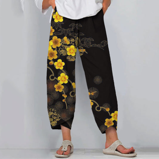 Comstylish Japanese Art Flower Print Loose Casual Pants