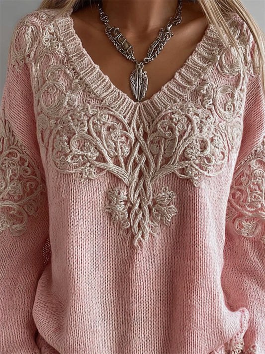 Vintage Pink Tree Of Life V Neck Cozy Knit Sweater elevenforest