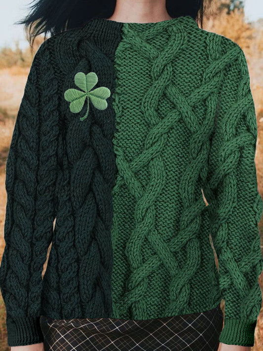 Irish Shamrock Embroidered Jacquard Cozy Knit Sweater artswardrobe