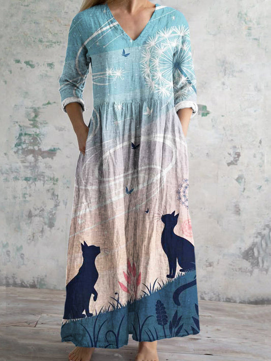 Butterfly & Cat Element Printed Women's V-neck Linen Maxi Dress elevenforest