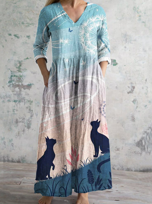 Comstylish Butterfly & Cat Element Printed Women's V-neck Linen Maxi Dress