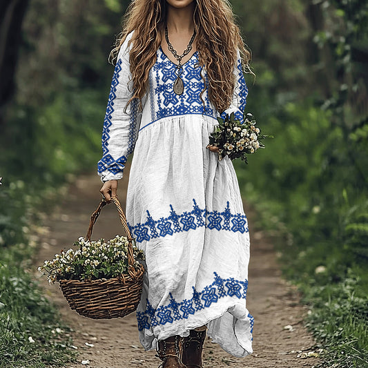 Cretan Pattern V-neck Loose Linen Blend Midi Dress artswardrobe