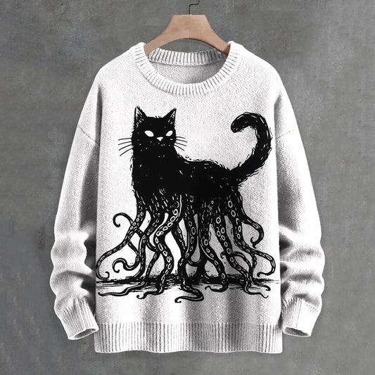 Men's Octopus And Black Cat Print Knit Cozy Sweater elevenforest