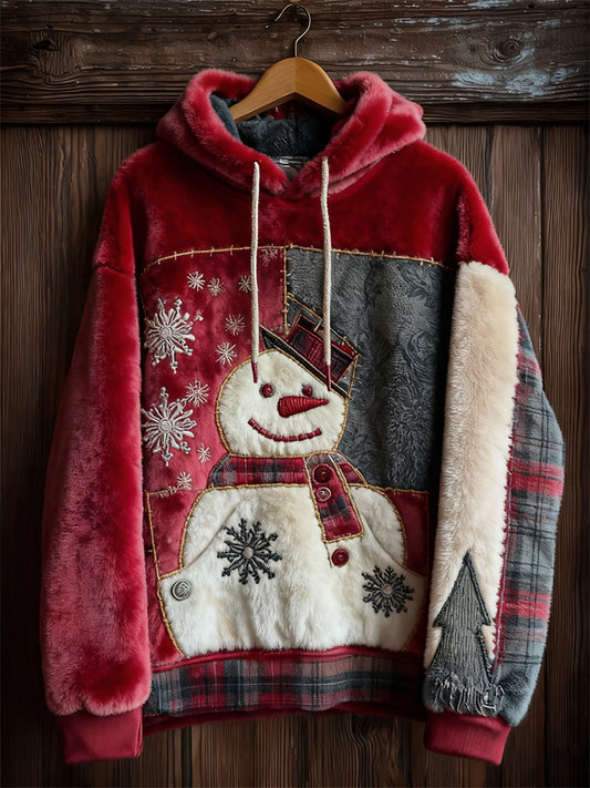 Comstylish Vintage Christmas Snowman Snowflakes Plaid Colorblock Plush Hoodie