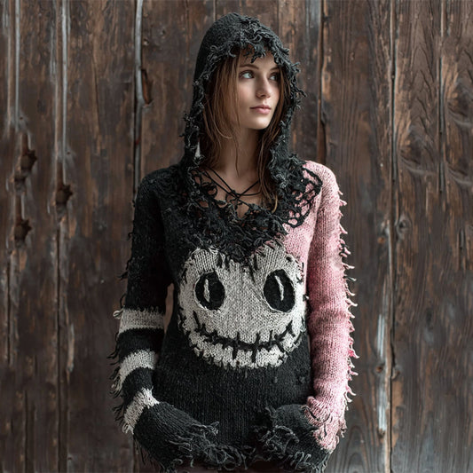 Halloween Spooky Face Contrast Distressed Knit Hooded Sweater artswardrobe