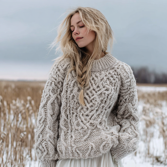 Fair Isle Style Ladies Round Neck Aran Sweater elevenforest