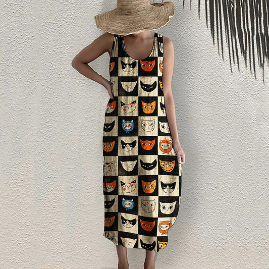 Vintage Abstract Geometric Cat Print Linen Blend Dress elevenforest