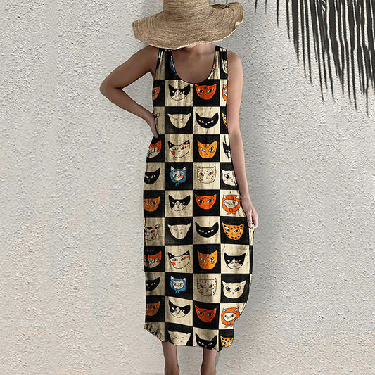 Comstylish Vintage Abstract Geometric Cat Print Linen Blend Dress
