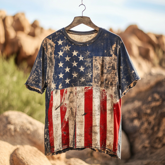 Men's Vintage Independence Day Flag Art Linen T-shirt artswardrobe