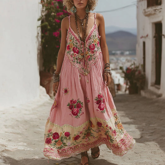 Pink Rose Embroidery V-neck Suspender Maxi Dress artswardrobe