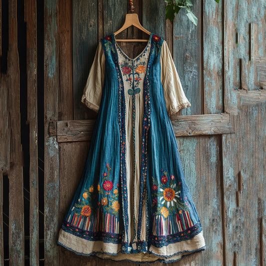 Retro Floral Contrast Color Short Sleeve Maxi Dress artswardrobe