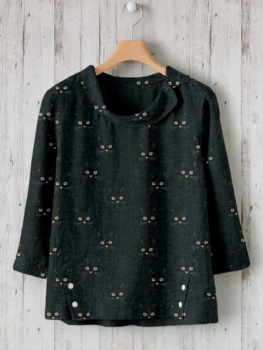 Cute Cat Face Pattern Linen Blend Cozy Tunic elevenforest