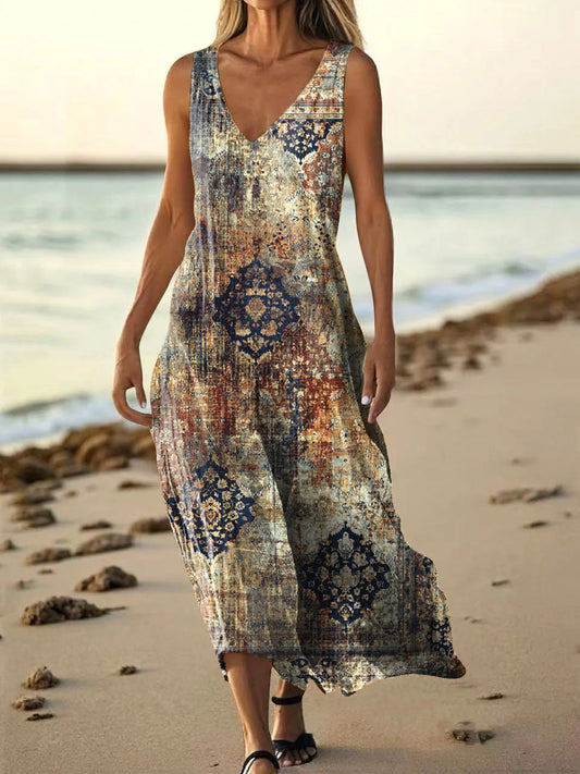 Women's Vintage Ethnic Floral Art Print Pocket Cotton Dress