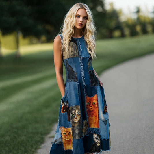 Comstylish Women's Patchwork Cat Design Midi Dress