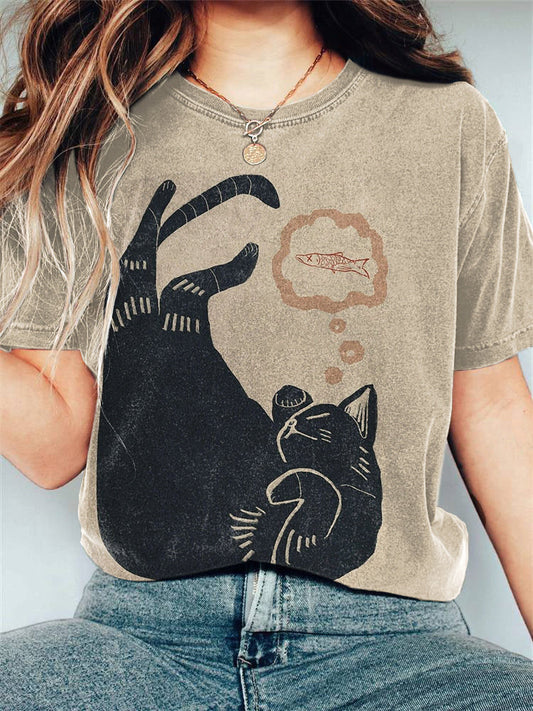 Vintage Cat Print Casual T-Shirt elevenforest