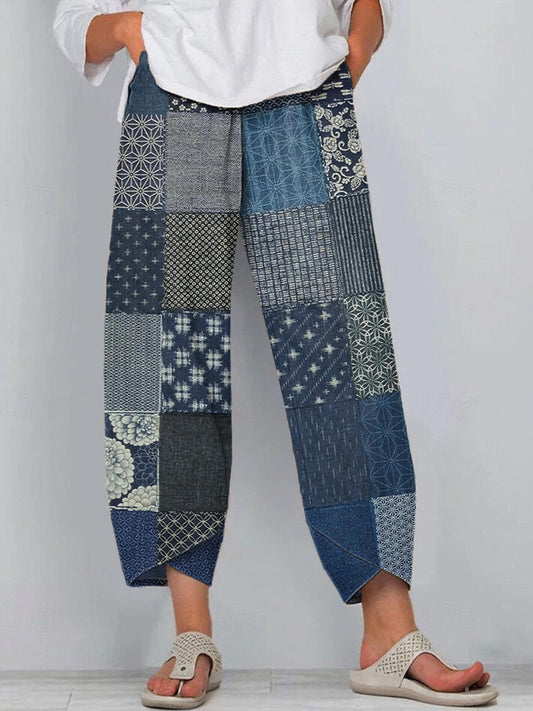 Comstylish Japanese Art Traditional Pattern Linen Blend Pants