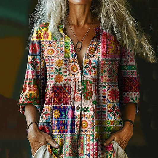Women's Vintage Bohemian Floral Print Casual Cotton And Linen Shirt artswardrobe