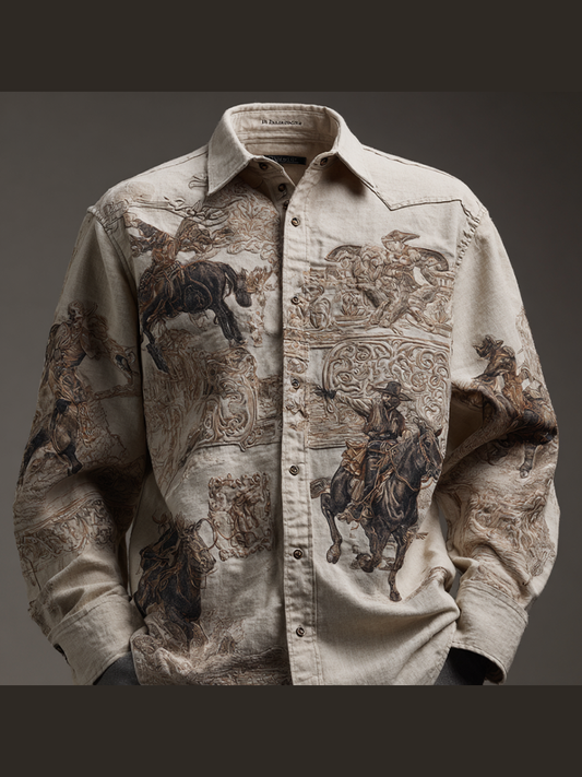 Western Cowboy Style Animal Elements Retro Cotton And Linen Men's Shirt artswardrobe
