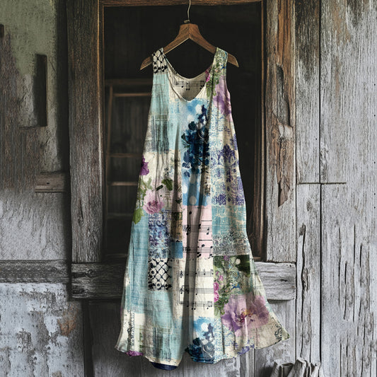 Vintage Floral Patchwork Loose Linen Blend Tank Dress artswardrobe