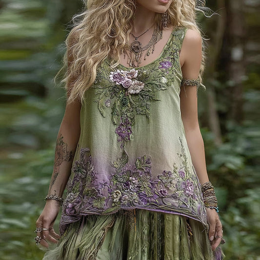 Women's Floral Embroidered Crew Neck Linen Blend Tank Top artswardrobe