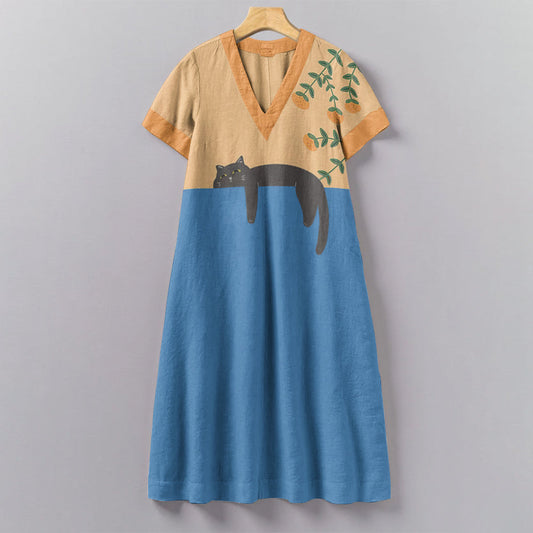 Vintage Abstract Creative Lazy Black Cat Painting Art Pattern Painting V-Neck Dress elevenforest