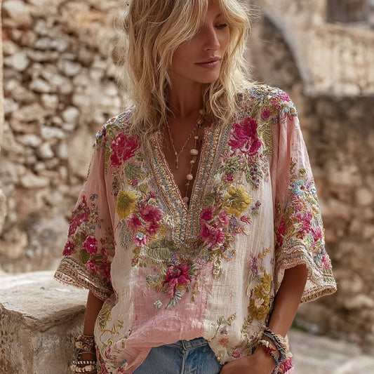 Comstylish Women's Flower Embroidered Art Linen Blend V-neck Shirt