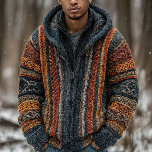 Men's Vintage Colorful Striped Celtic Art Jacquard Thick Warm Zip Hooded Sweater Cardigan artswardrobe