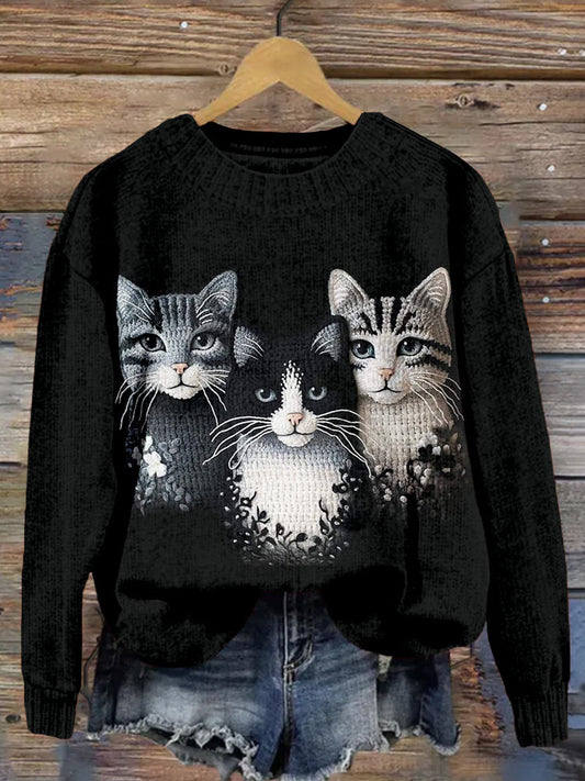 Lovely Cats Pattern Crew Neck Cozy Sweater elevenforest