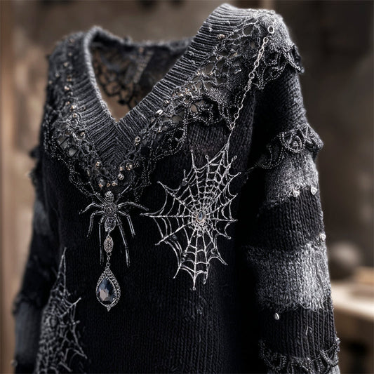 Halloween Gothic Crystal Spider & Spiderweb Embroidered Cozy Sweater elevenforest