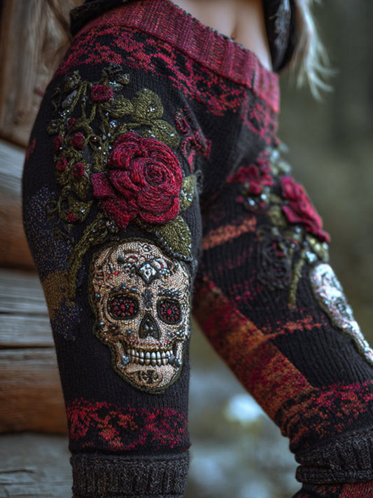 Comstylish Halloween Skeleton Head Rose Shining Contrast Knitted Leggings
