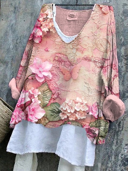 Comstylish Pink Floral Butterfly Art Print Linen Blend Shirt