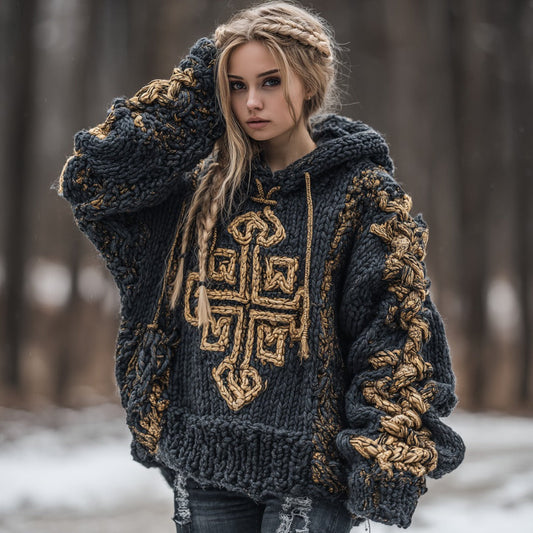 Women's Viking Celtic Knot Rune Knit Jacquard Comfortable Warm Hooded Sweater elevenforest