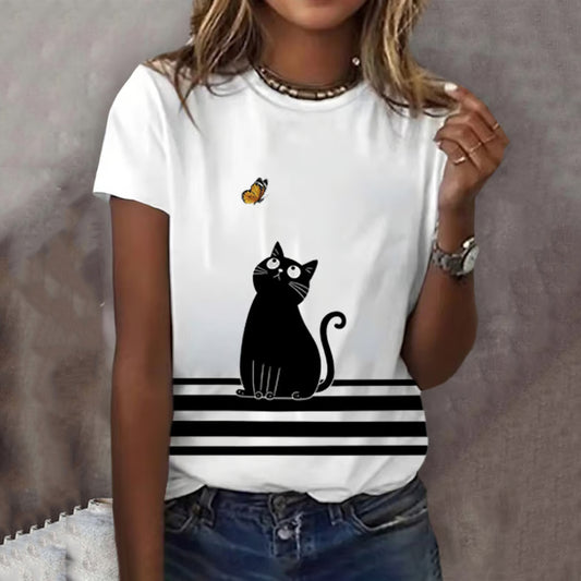 Comstylish Abstract Creative Cute Black Cat Play With Butterfly Art Print Cotton Graphic T-shirt