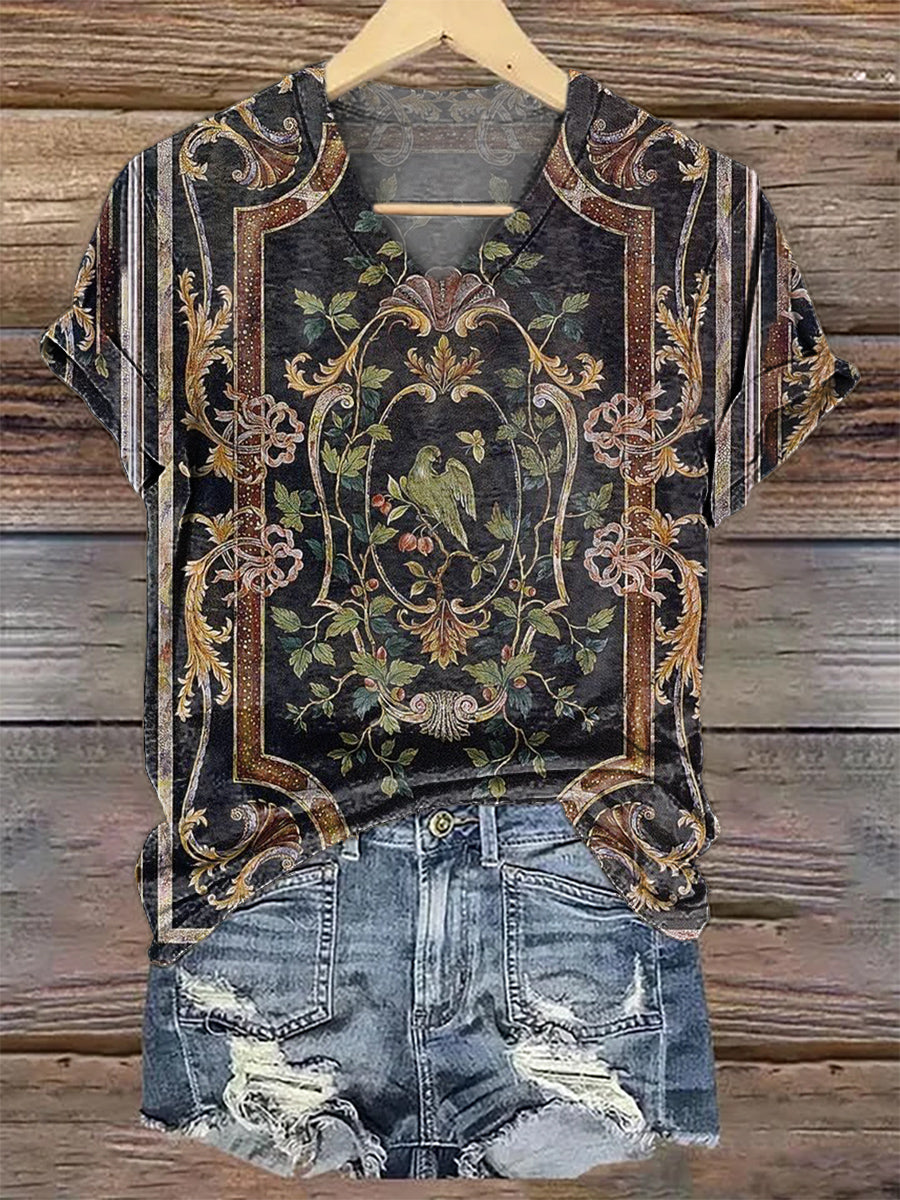 Women's Vintage Ethnic Floral Art Print V-Neck Casual T-Shirt