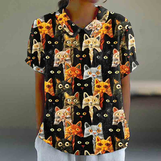 Women's Pop Art Embroidered Cute Cat Print Cotton Linen Shirt elevenforest