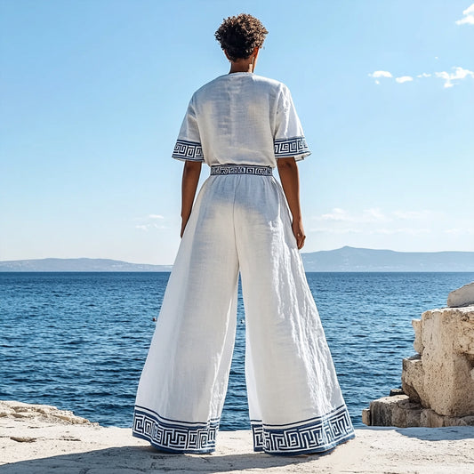 Men's Vintage Greek Key Embroidered Linen Lounge Pants artswardrobe
