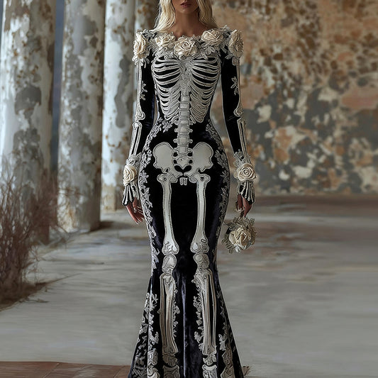 Comstylish Women's Vintage Halloween Skull Rose Art Velvet Crew Neck Maxi Dress