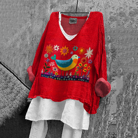 Women's Ethnic Flower And Bird Art Print Cotton And Linen Shirt artswardrobe