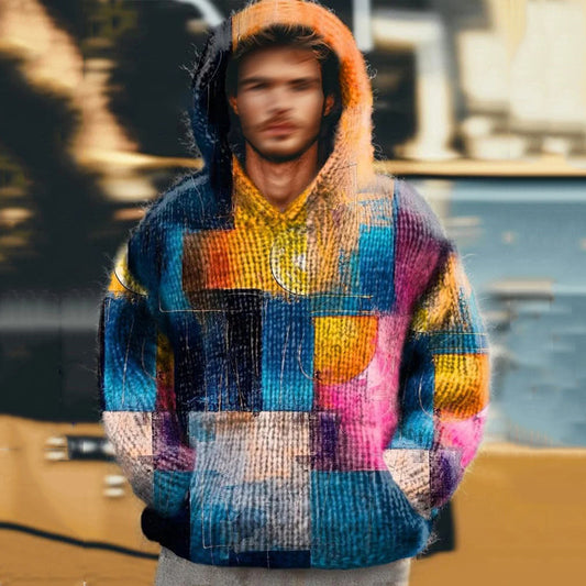 Men's Vintage Retro Geometric Color Block Knitted Hooded Sweater elevenforest