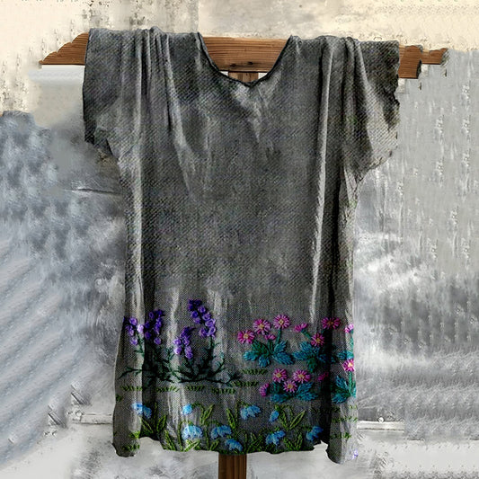 Vintage Bohemian Embroidered Floral Cotton T-shirt artswardrobe